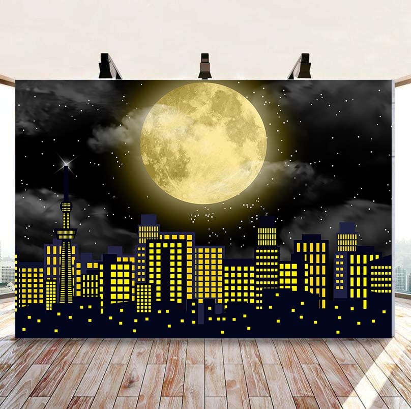 Toile de fond paysage urbain jaune 3x2,4m et accessoires photo super-héros