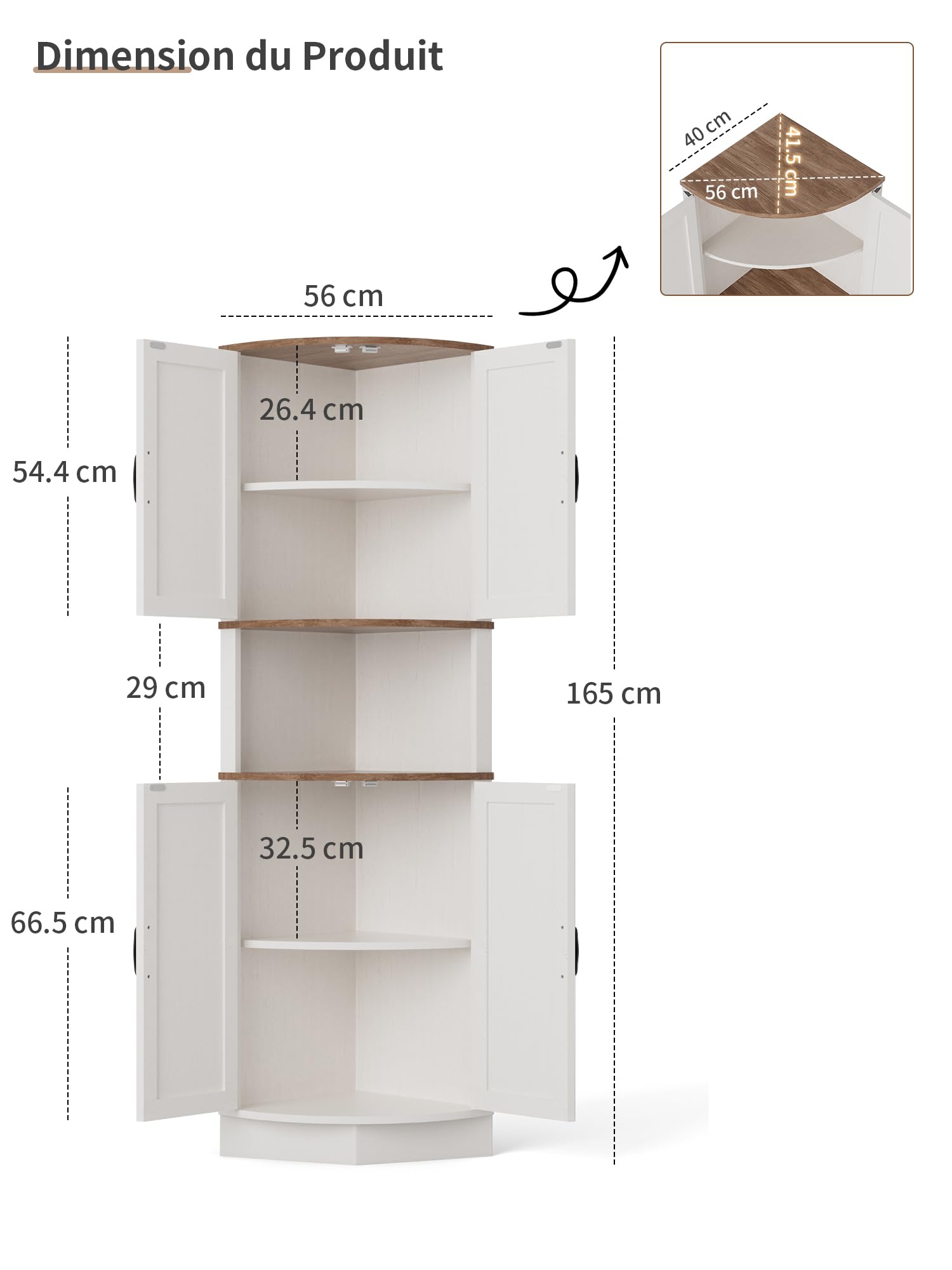 BonVache Meuble d’Angle, Buffet, Meuble de Rangement, Armoire Haute, Armoire Multi-usages pour Salle à Manger, Salon, Bureau, 165x56x41.5 cm, Blanc