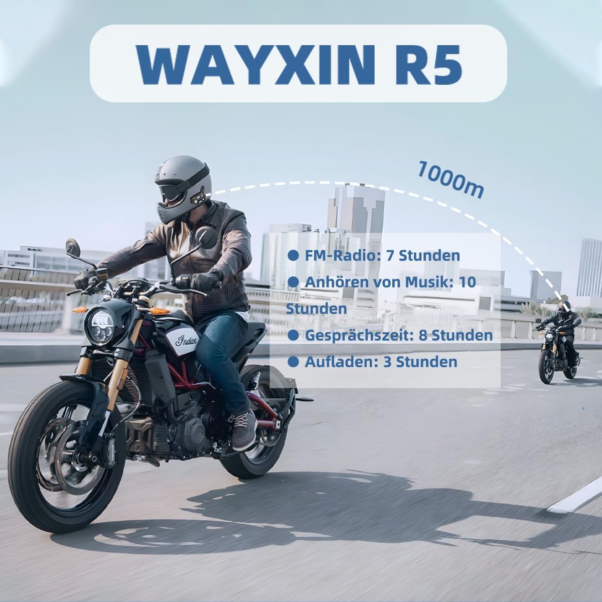 R5 1000m Interfono Moto Bluetooth Coppia Auricolare Bluetooth Casco Moto per 2 Persone,10h Conversazione Continua,Interfono Casco Moto con Radio,Funzione di Chiamata Vocale Siri,Doppio