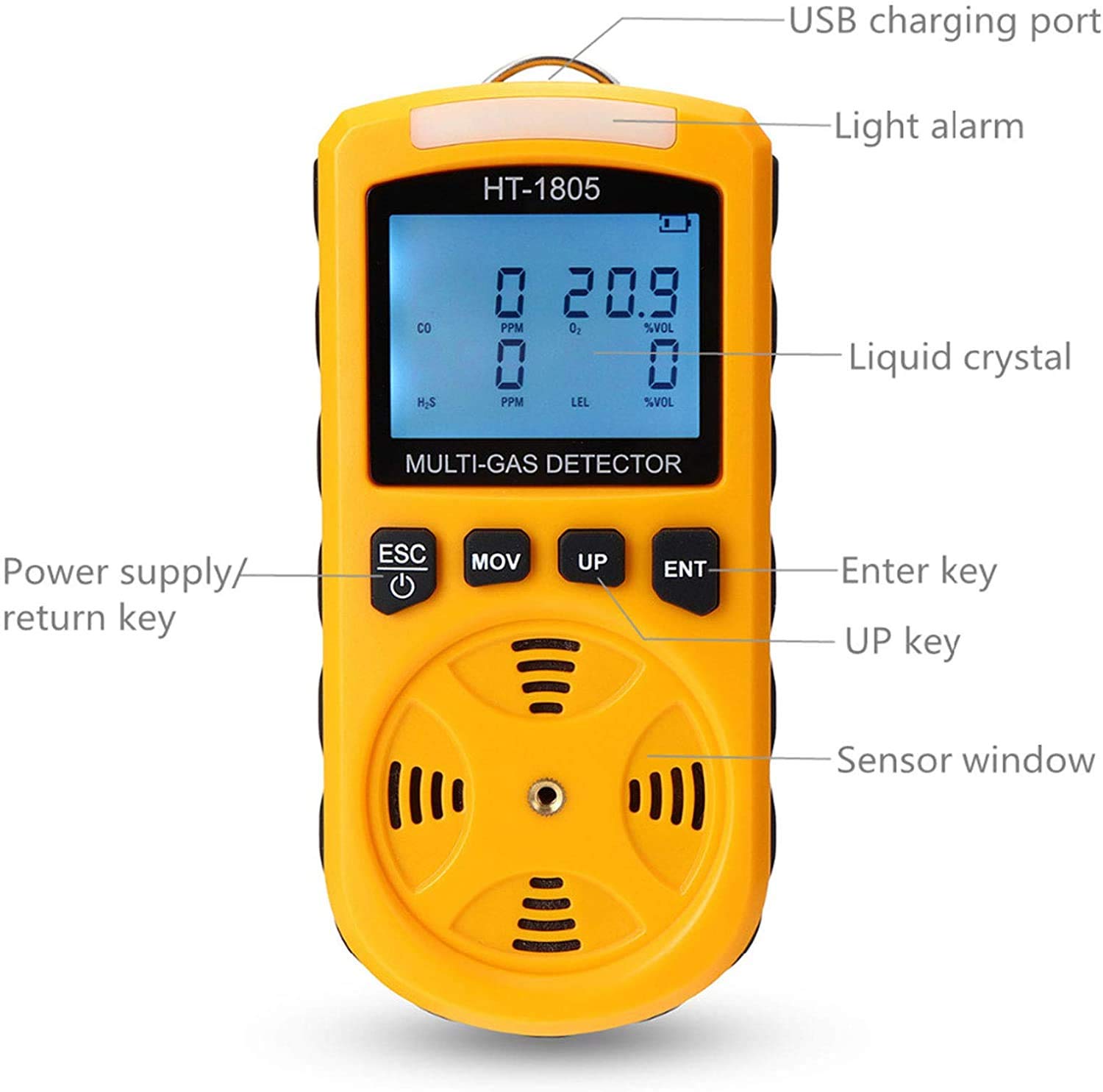 WJJ Detector de Gas Detector de Fugas de Gas-4 en 1 Oxygen O2 H2S Monóxido de Carbono CO Analizador de Gas inflamable Monitor Advertir