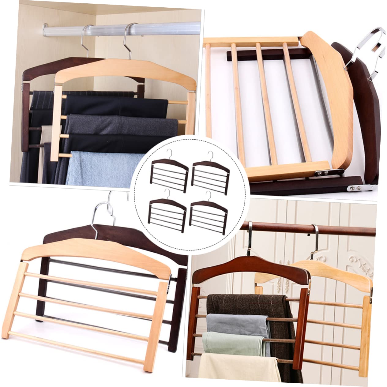 ULTECHNOVO 4 Piezas Perchas de Madera Multifuncionales Antideslizantes para Pantalones y Ropa Multi Plegables para Secado y Organización Ganchos Giratorios Flexibles para Armario