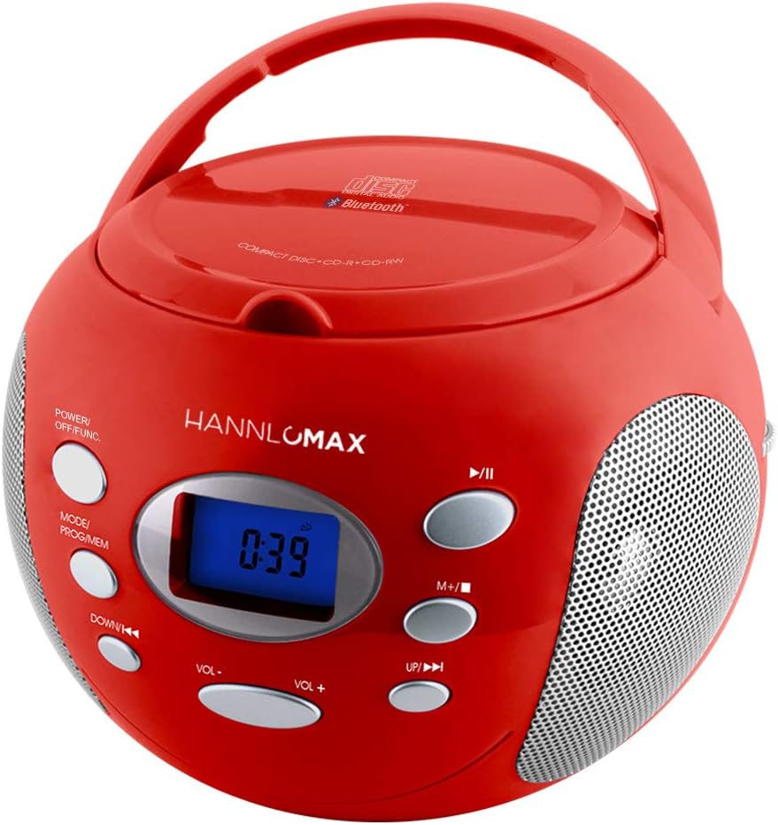 HANNLOMAXHX-305CD Portable CD Boombox, PLL FM Radio, Bluetooth, LCD Dislay with Backlight, Aux-in, AC/DC Dual Power Source (Red)
