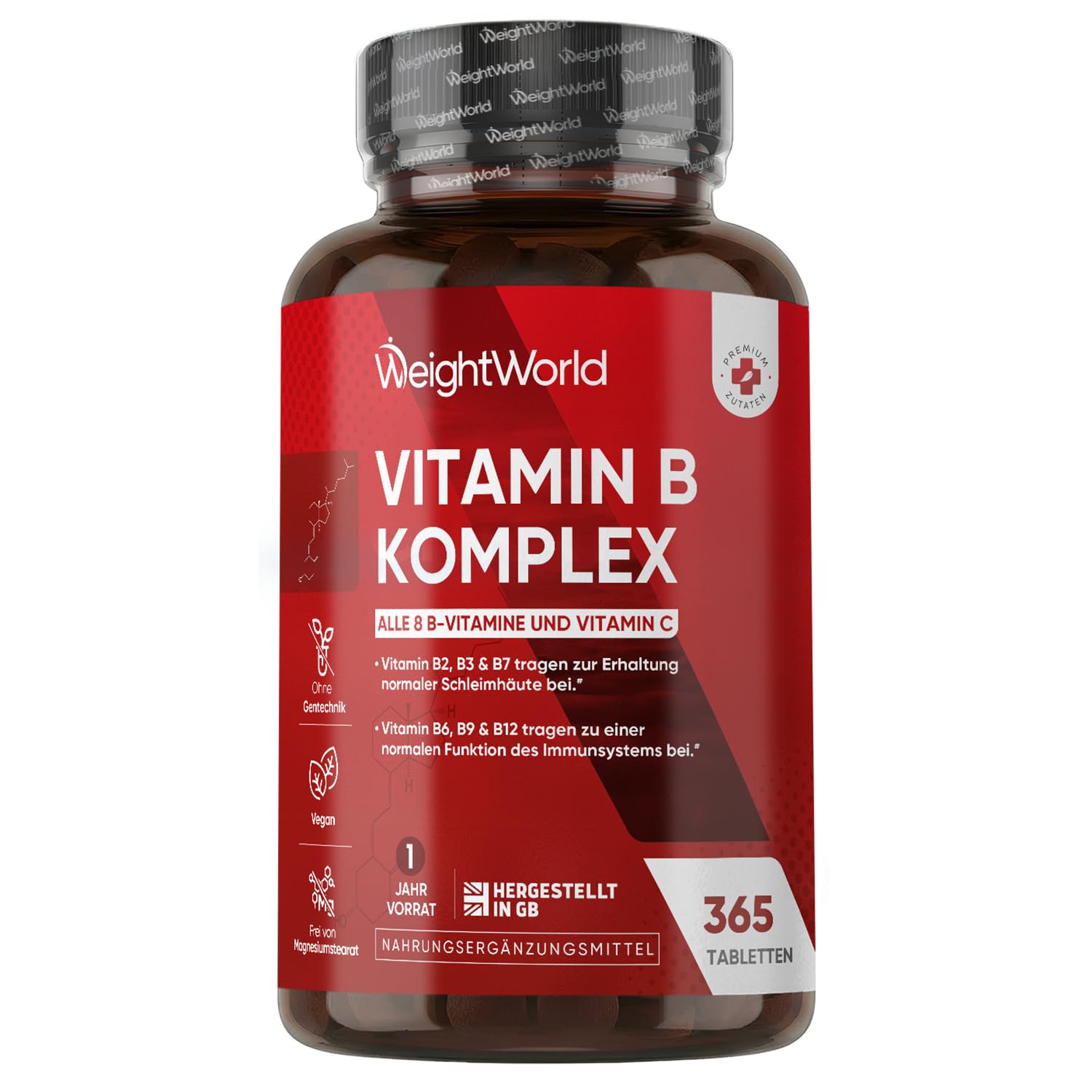 WeightWorld Vitamin B Komplex - 1 Jahr Vorrat - Mit Vitamin C 365 Tabletten | Alle 8 B Vitamin B12, B1, B2, B3, B5, B6, B7, B9, Mit Ascorbinsäure, Biotin, Folsäure, Vegane B Complex
