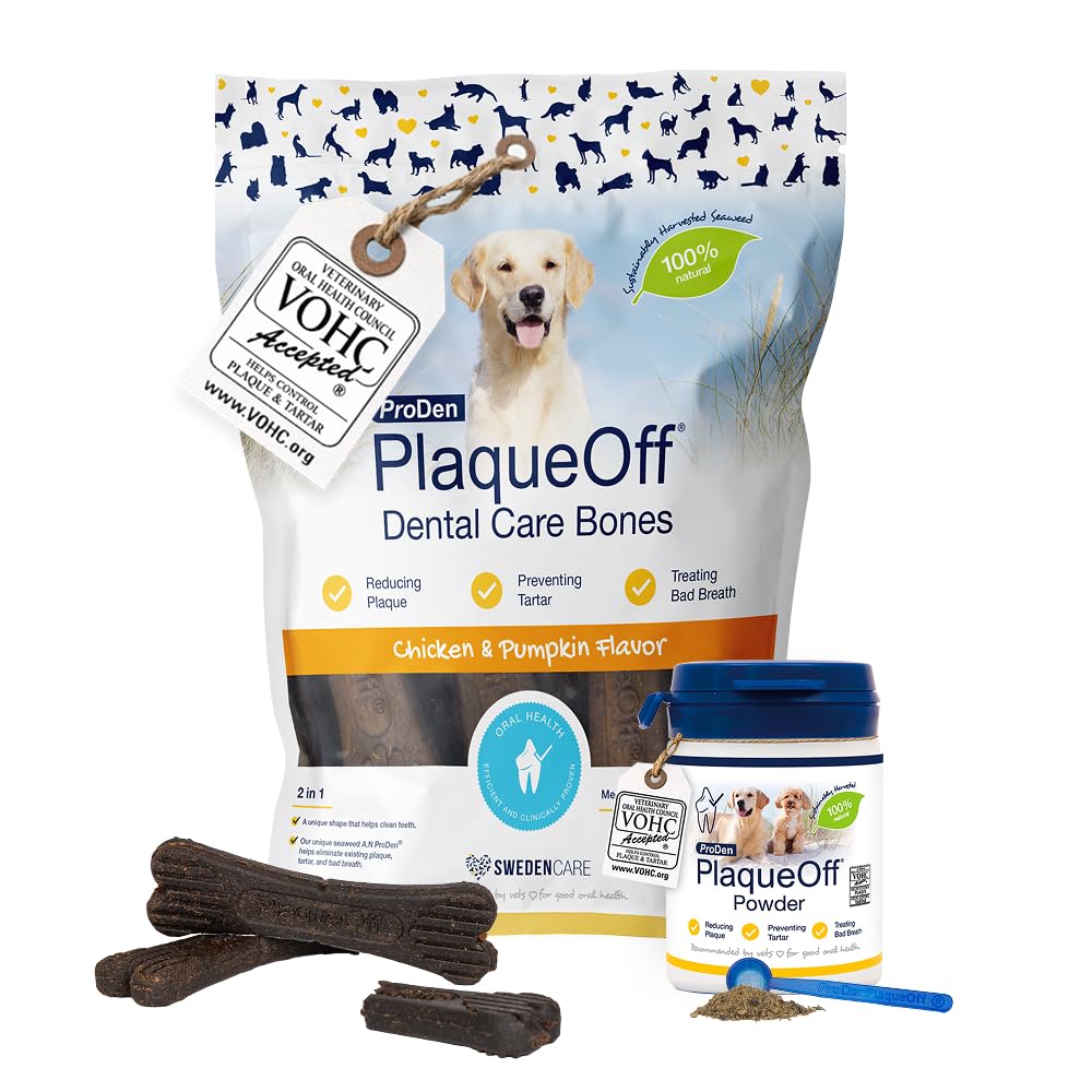 ProDen PlaqueOff Lot Dentaire Chien Poudre 60g et 13 Os à Mâcher au Poulet