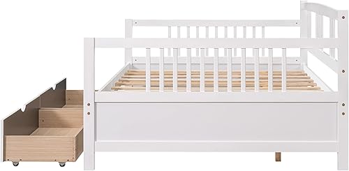 Miniatura 5 de Polibi Sofá cama de tamaño individual con dos cajones, marco de sofá cama de madera con rieles para sala de estar y dormitorio, color blanco
