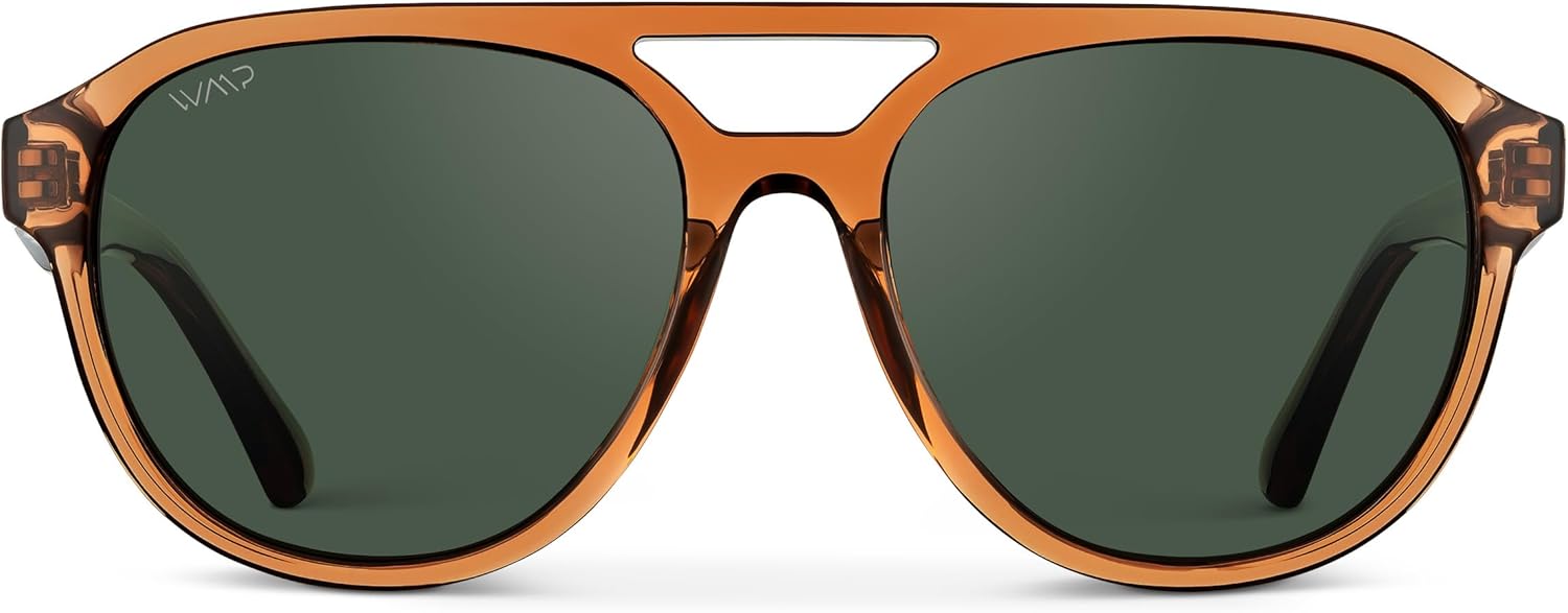 WearMe Pro Rounded Retro Aviator Sunglasses for Men and Women - Polarized Lenses, Double Bridge Design Crystal Copper Frame / Smoke Green Lens image 2 of 8 B0CSNJPPTY
