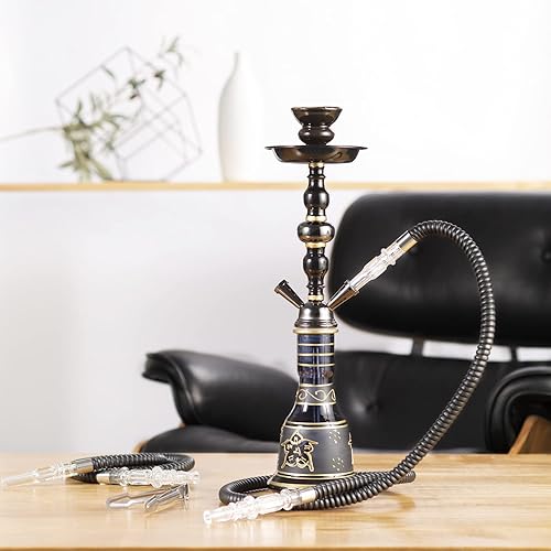 Miniatura 6 de Juego de narguile de 20 pulgadas, kit de 2 mangueras de shisha de alta calidad con jarrón de vidrio, cuenco de cerámica y pinzas de carbón para un