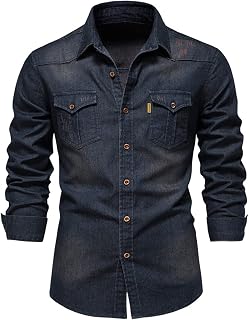 Mens Button Down Denim Shirt Long Sleeve Lapel Jean Shirt Casual Slim Fit Washed Denim Shirts with Chest Pockets