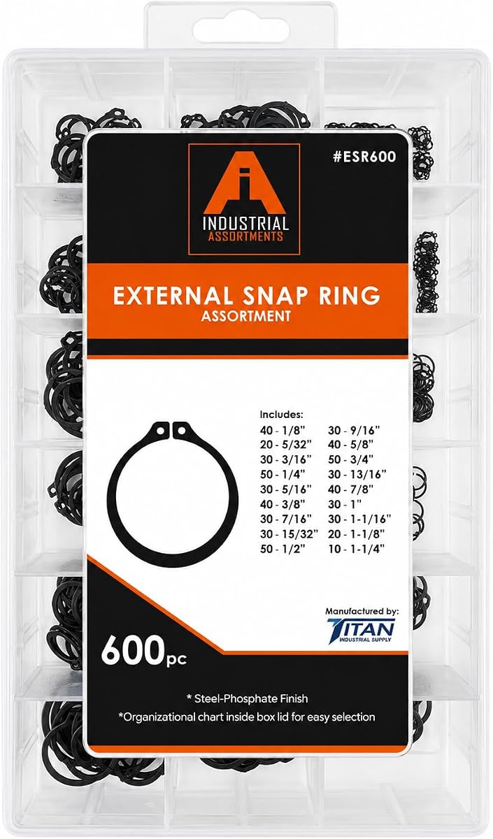 Titan Industrial Supply-Kit surtido de anillos de retención externos de 600 piezas, anillos de retención de acero con acabado de fosfato, incluye tamaños de 1/8" a 1-1/4"