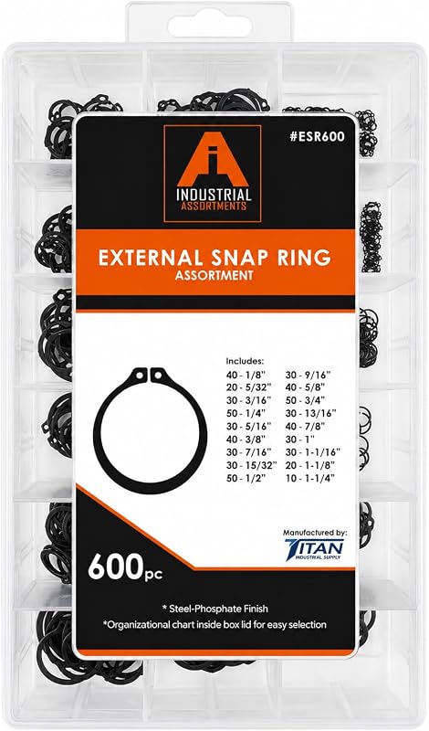 Titan Industrial Supply-Kit surtido de anillos de retención externos de 600 piezas, anillos de retención de acero con acabado de fosfato, incluye tamaños de 1/8" a 1-1/4"