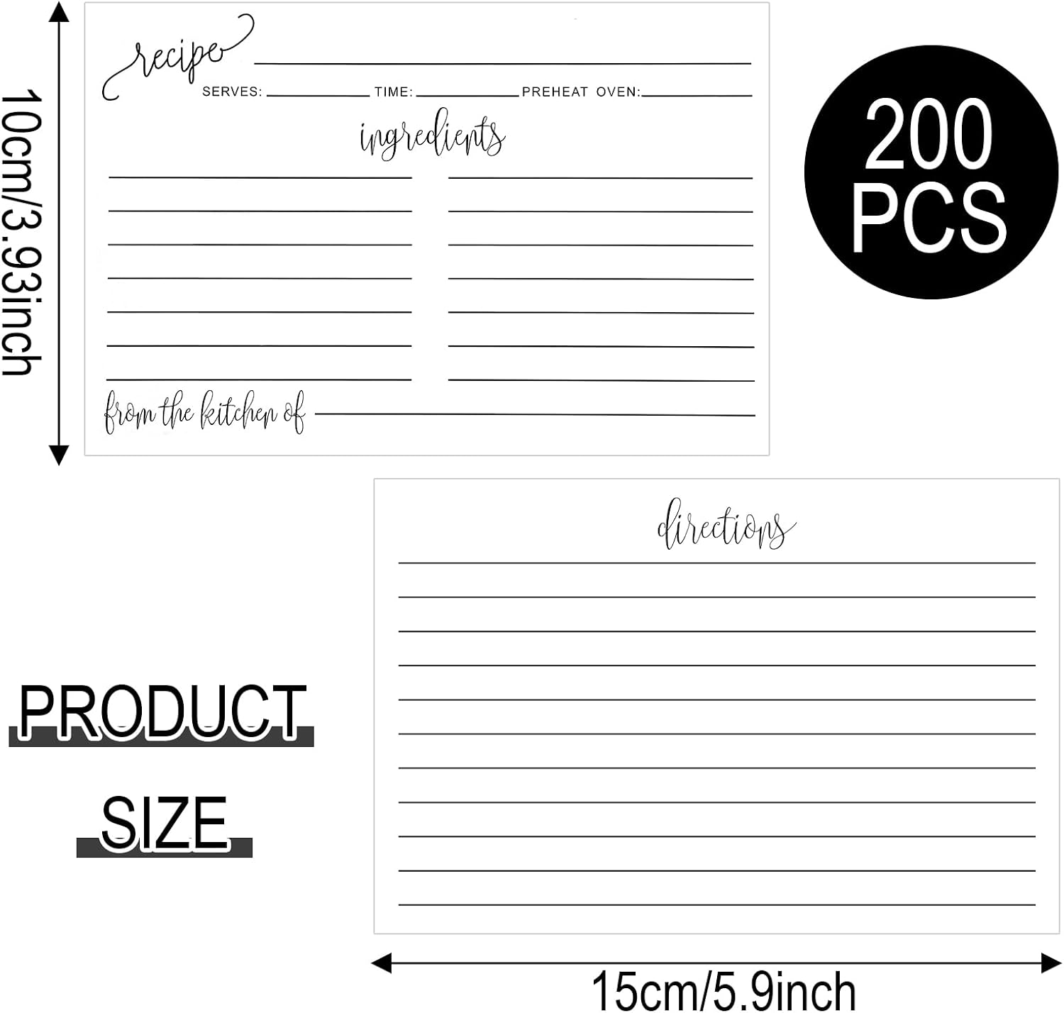 200 Pack Recipe Cards 4" x 6" White, Double Sided Cooking Recipe Cards Stock Thick Cardstock with Lines for Weddings, Bridal Shower, Gifts, Party