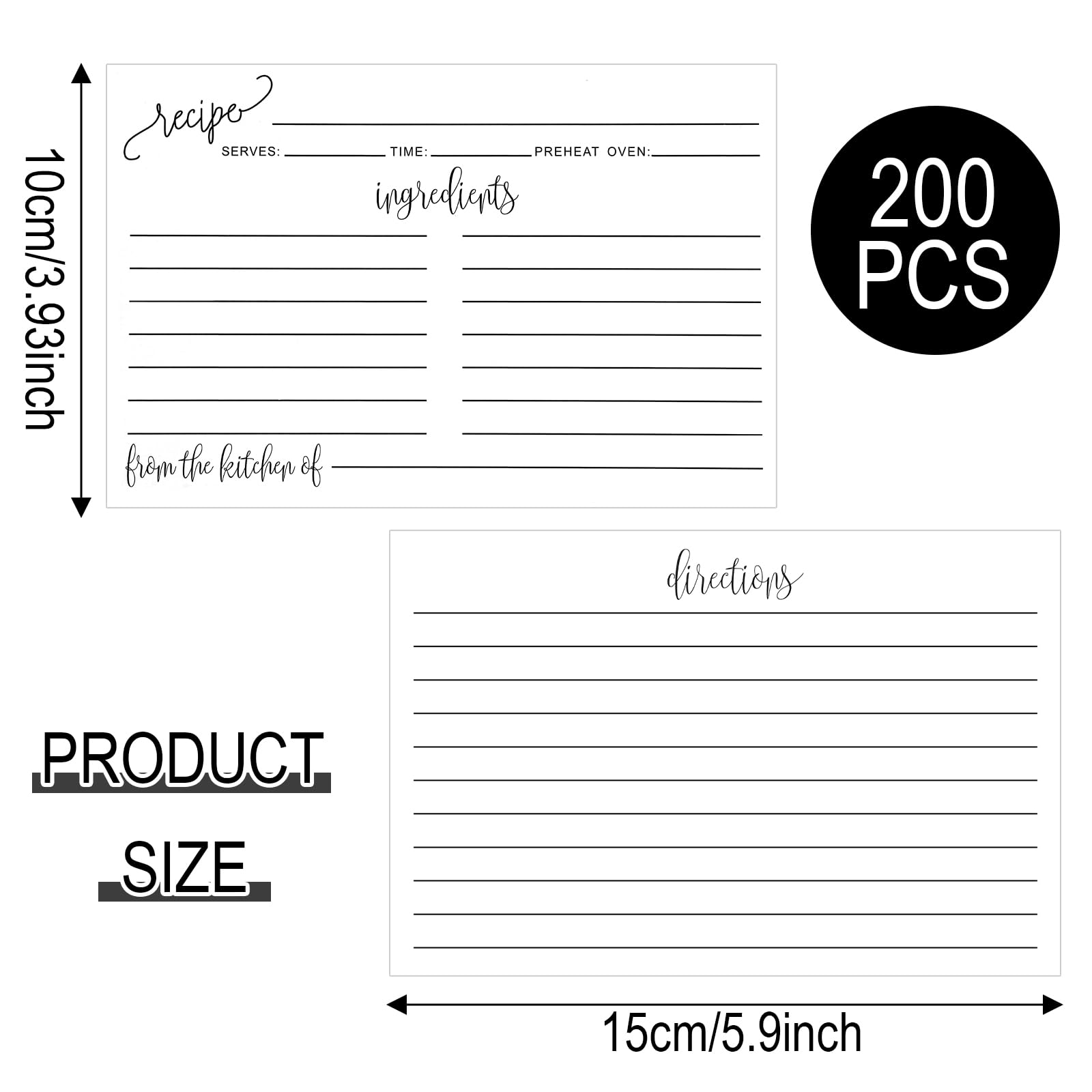 Tarjetas de recetas de 4 x 6 pulgadas, color blanco, de la cocina, paquete de 200 tarjetas de recetas de cocina de doble cara, tarjetas de cartulina gruesa con líneas para bodas, despedidas de