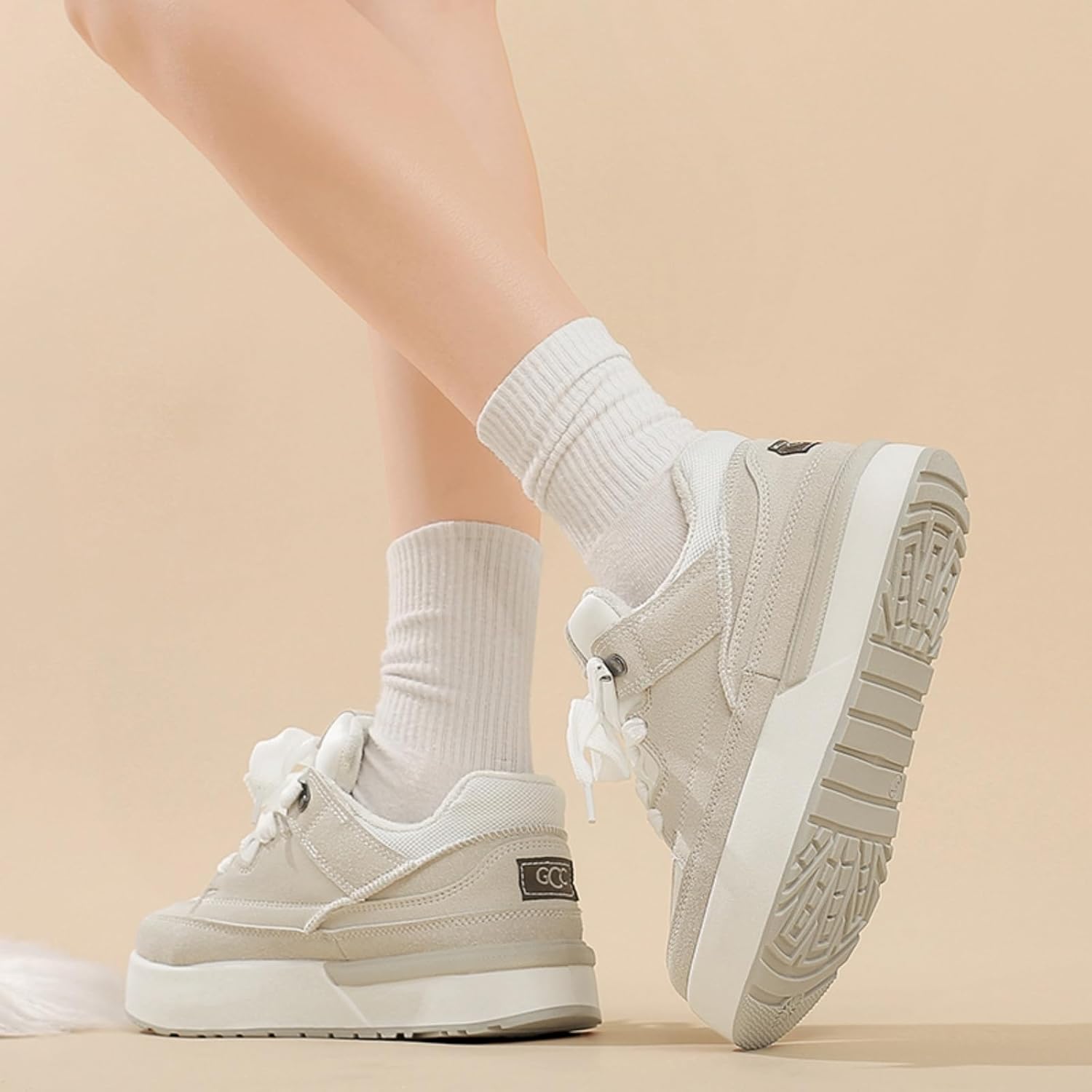 Beige Fleece-Lined Platform Sneakers for Women - Warm Suede-Mix Casual Shoes with Chunky Sole & Retro Vibe | Cozy Footwear for Cold Days, Daily Errands & Street Style