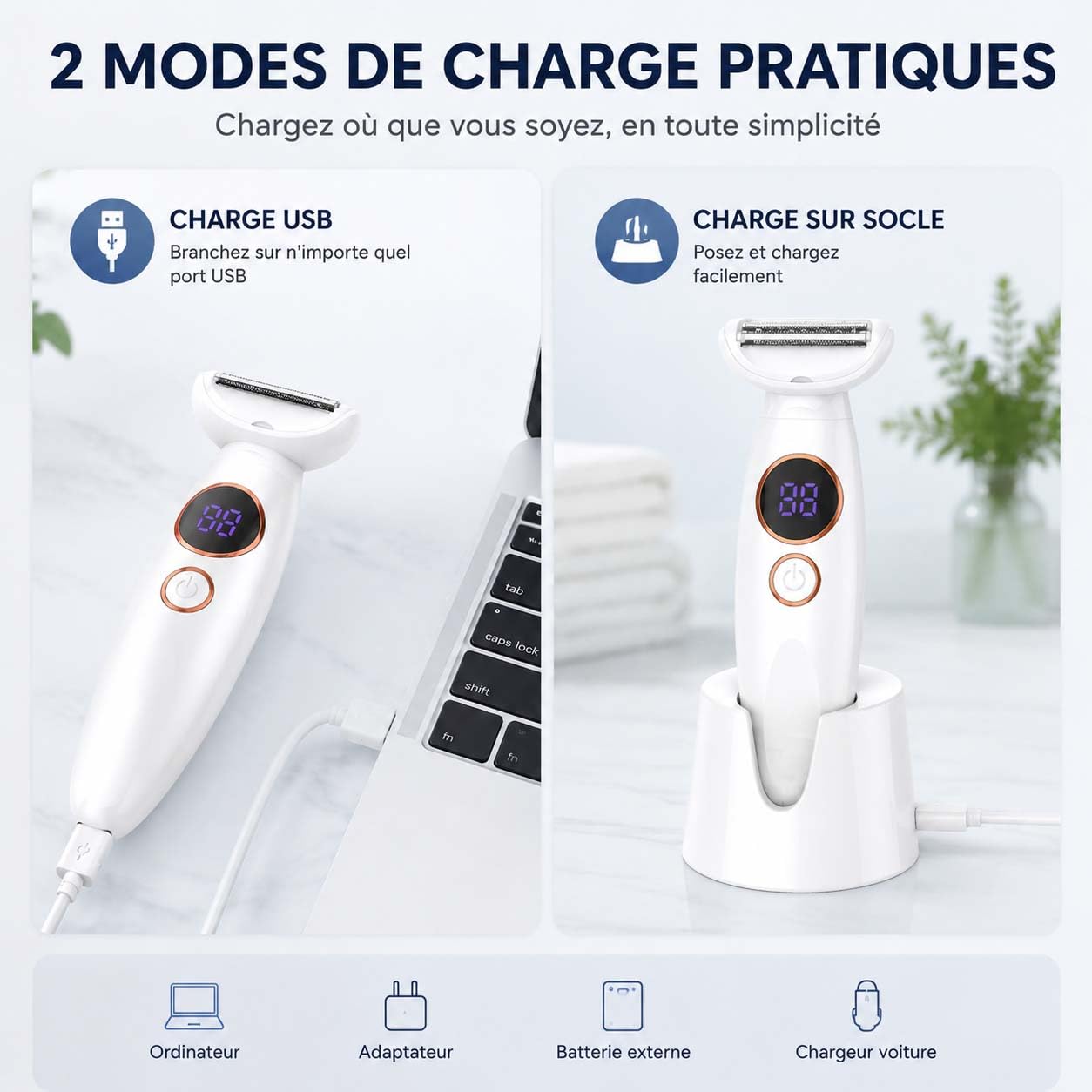Elios Rasoir Femme 5 en 1, Épilateur Électrique avec Affichage LED, Chargement USB, Étanche Bikini Aisselles Jambes Bleu