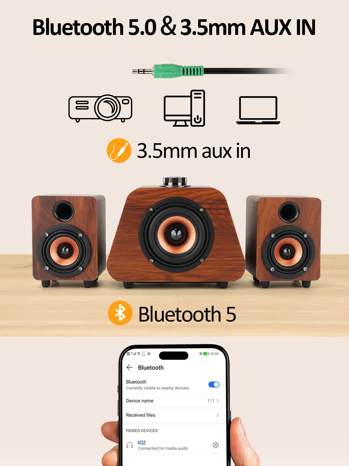 Altavoces para Ordenador, Mini Altavoz PC con Subwoofer, Altavoces de Escritorio 2.1 Alimentados por USB, Bluetooth 5.0 y Entrada RCA para PC, Portátiles, Tocadiscos, Teléfonos, Tabletas (K02)