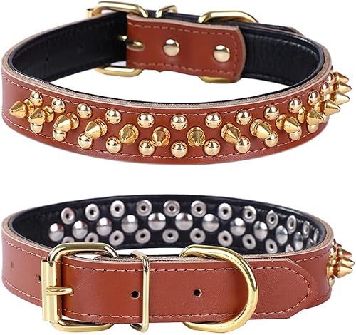 Miniatura 10 de Collar de perro con tachuelas, collar de perro de cuero genuino, collares ajustables para mascotas pequeñas o medianas (S, rosa intenso-1)