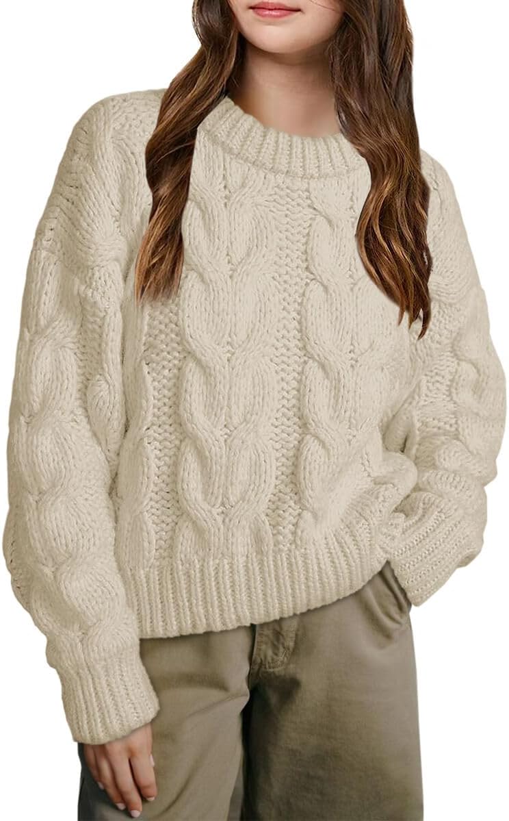 Girls Cable Knit Sweaters Chunky Long Sleeve Crewneck Drop Shoulder Warm Pullover Sweater Tops Size 5-14Y