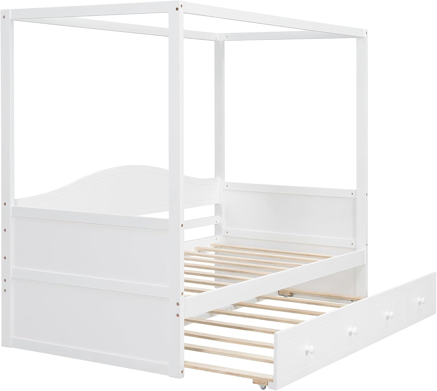 Harper & Bright Designs Twin Size Canopy Bed Frame with Trundle, Canopy Daybed with Wood Slats, No Box Spring Needed, White