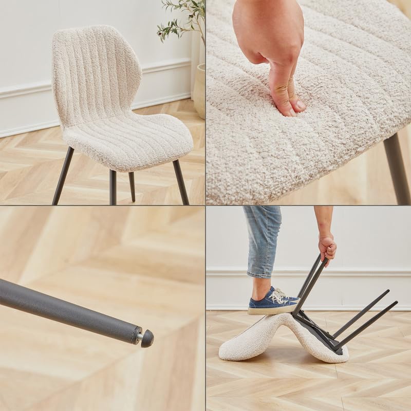 Ensemble Table de Salle à Manger Ronde et 4 Chaises, Table en MDF avec Décor Bois Clair et Pieds en Métal, Chaises Rembourrées en Lin pour Cuisine, Salle à Manger (Fini Bois Clair+Beige)