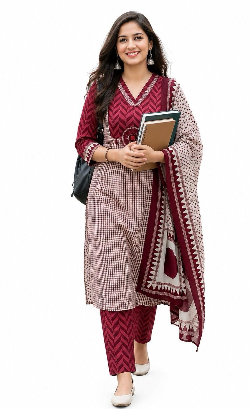 emmaay Women's Pure Cotton Kurta Set with Dupatta, 3 Piece, Chevron and Checkered Print-picture-23