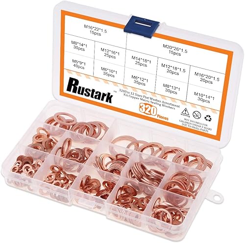 Miniatura 5 de Rustark Kit surtido de 320 arandelas planas de cobre, arandelas métricas de sellado M5 M6 M8 M10 M12 M14 M16 M20 (12 tamaños)