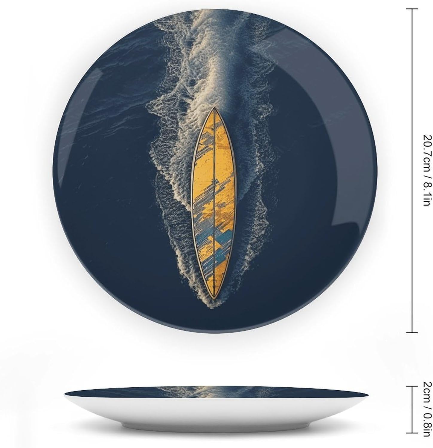 Surfboard Bone China Decorative Plate with Display Stand, Ceramic Ornaments Plate for Wall Hanging, Personalized Porcelain Plates for Office, Living Room 8inch