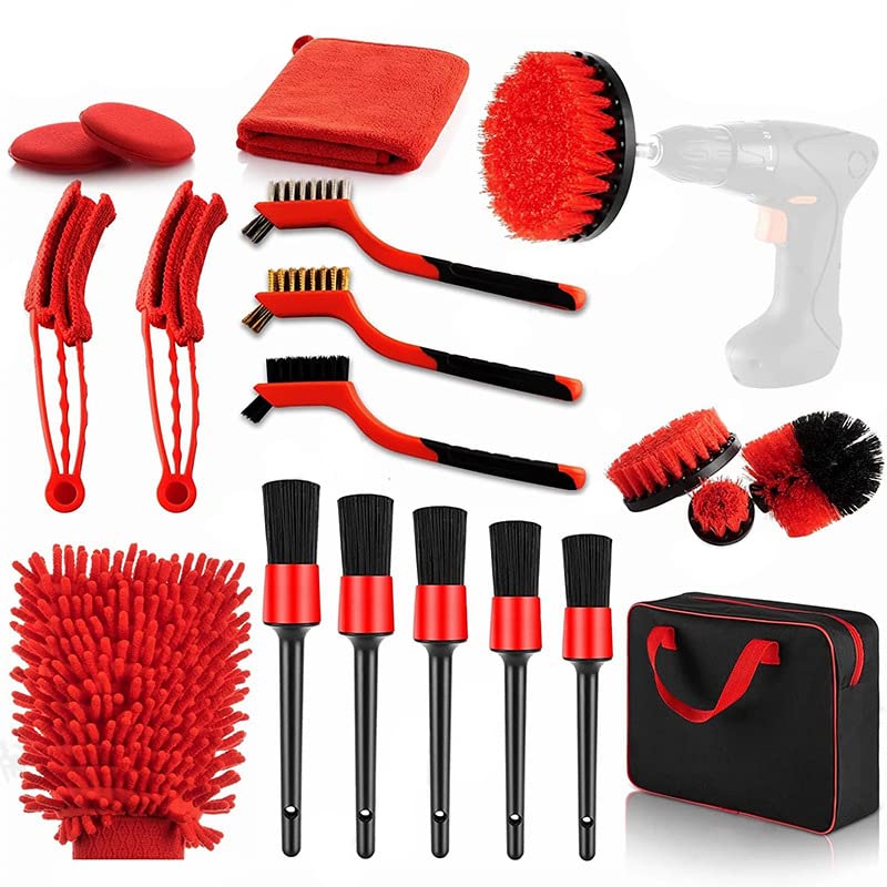 Lafecuw Car Cleaning Kit with Storage Bag,19 PCS Car Detailing Brushes Set Car Washing Kit for Car Motorcycle Bike Cleaning Rims, Dashboard, Interior, Exterior, Leather, Air Vents, Emblem