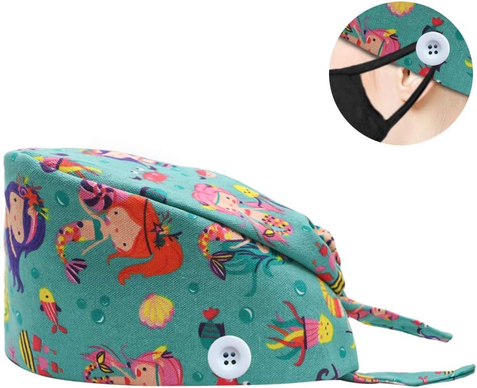 Hotme Women's and Men's Cap Working Hat with Button Sweatband Adjustable Tie Back Hats One Size Multiple Color C1-mermaid