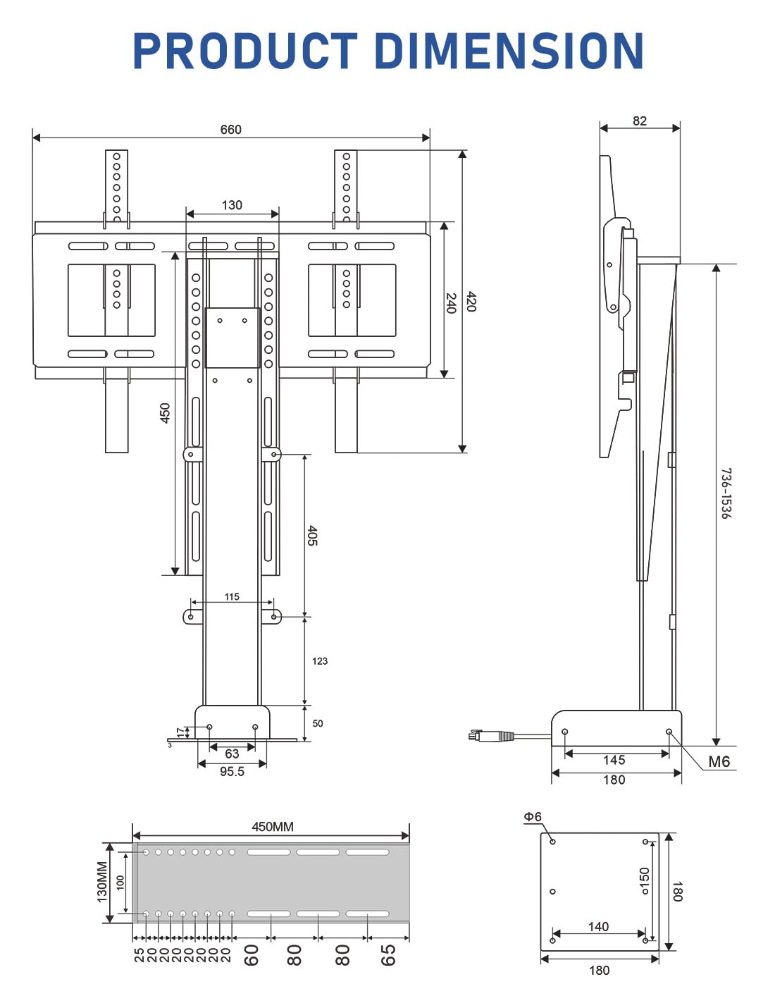 DIHOOL TV Elettrico con telecomando per 60-75 pollici Max 100kg TV stand regolabile in altezza (altezza: 710-1610MM)