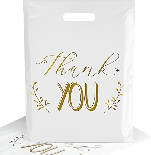 POPGIFTU Bolsas de agradecimiento de 12 x 15 pulgadas, bolsa de compras de plástico blanco con asas troqueladas, paquete de 100 bolsas de mercancía