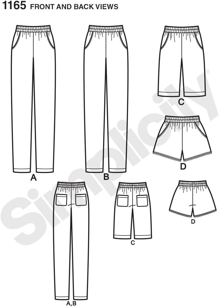 Simplicity 1165 pattern front and back views for pants and shorts