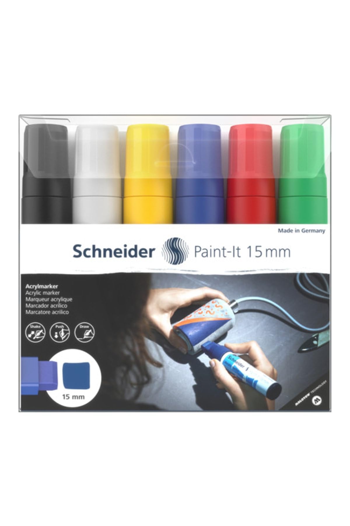Schneider Paint-It 330 Acrylic Marker Set 1 (15 mm line Width, high Coverage, Brilliant Colour, for Almost All Surfaces) 6 Pieces