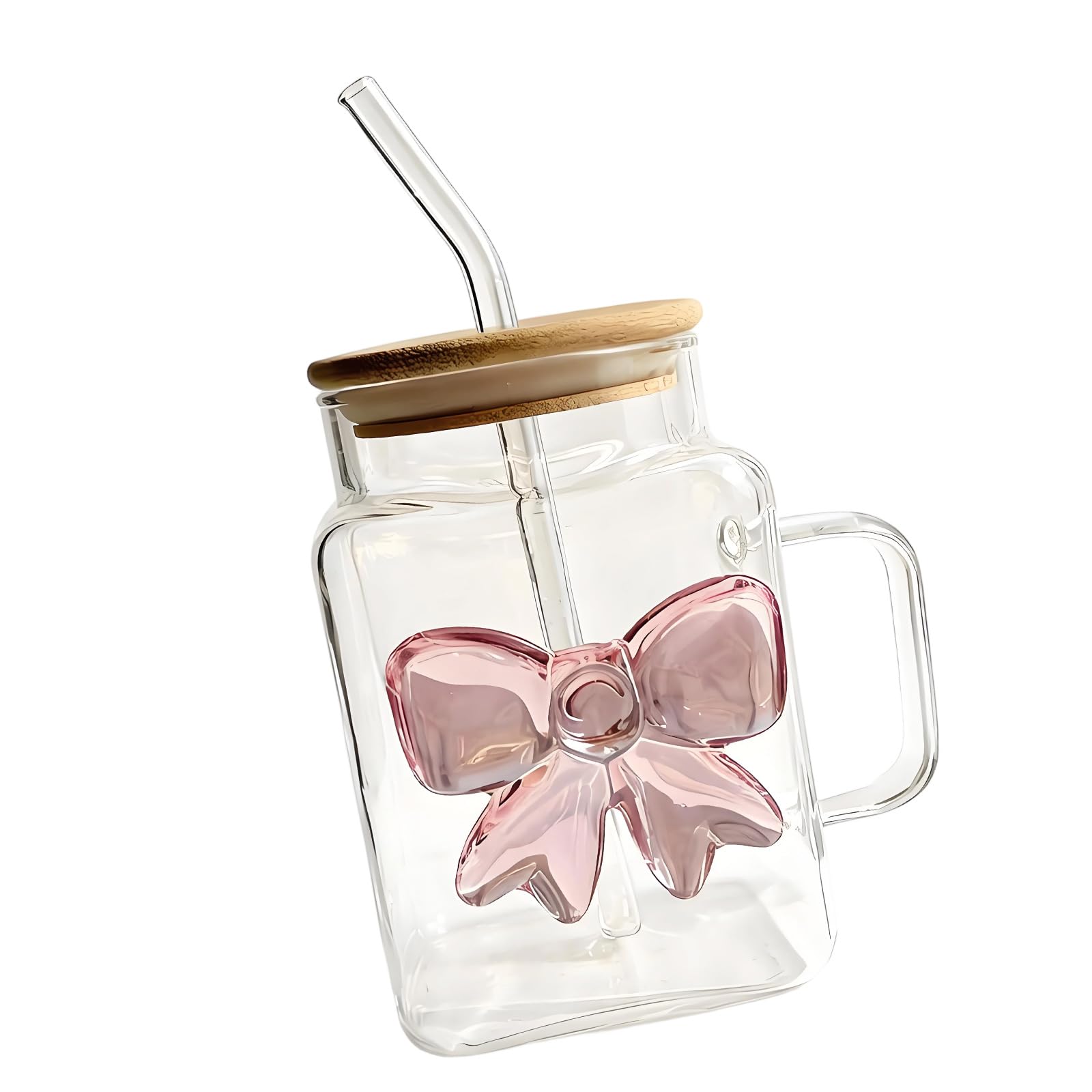 PANGBOER 550Ml Clear Glass Cup with Handle and Wooden Lid Beverage Tumblers Square Mug for Milk Juices Iced Coffee Home Kitchens Kitchen Drinkware Glass