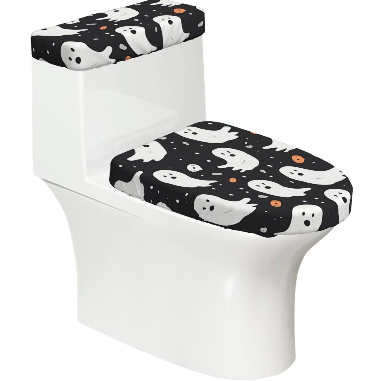 FekiLoot Cute Ghost Halloween Pattern Toilet Lid Cover and Toilet Tank Cover Set of 2,Dust Splash Resistant Toilet Top Covers Soft Washable Toilet Lid Seat Cover for Bathroom Office Home Decor
