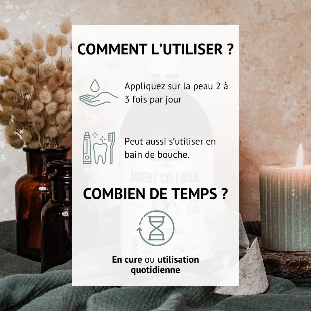 Argent Colloïdal 1L - 20 PPM & 100% Naturel - Très Haute Qualité & Ultra Pur - Elaboré par électrolyse - Purifie et Apaise la peau - Anti-microbien & Anti-bactérien - Fabriqué en France - Nutrivie