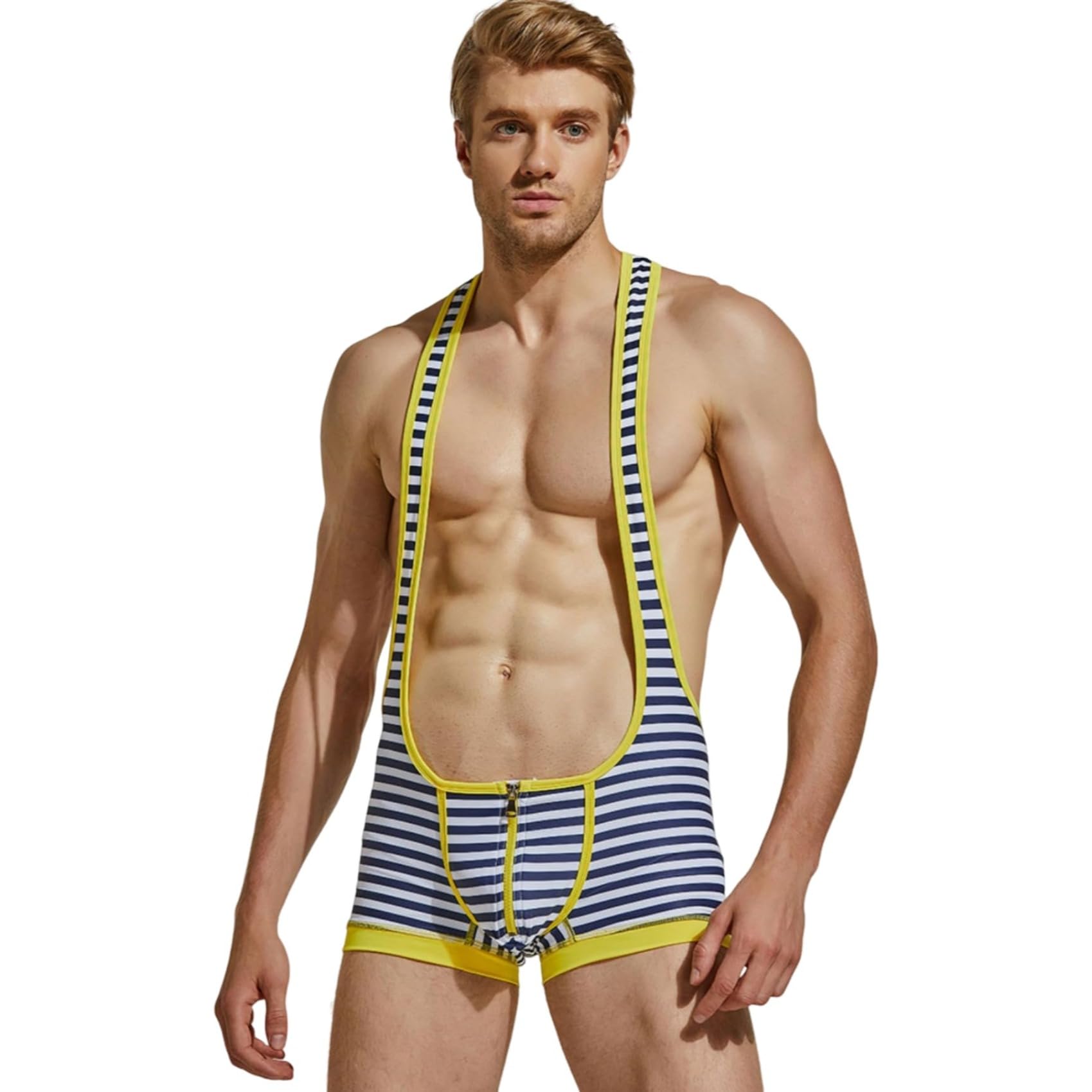 Wayonge Men's Wrestling Singlet Athletic Leotard for Active Wrestling or Workout Jumpsuits Men's Sleeveless Sport Bodysuit, Tw- 9708-yellow, Large