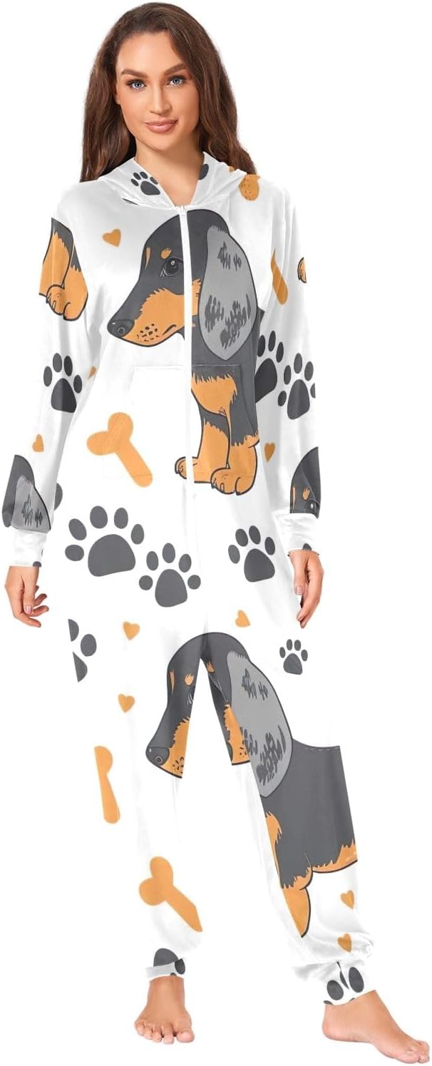 Cute Dachshund Dog White Adult Onesie Pajamas, Soft Hooded One Piece Sleepwear for Men Women Christmas Loungewear