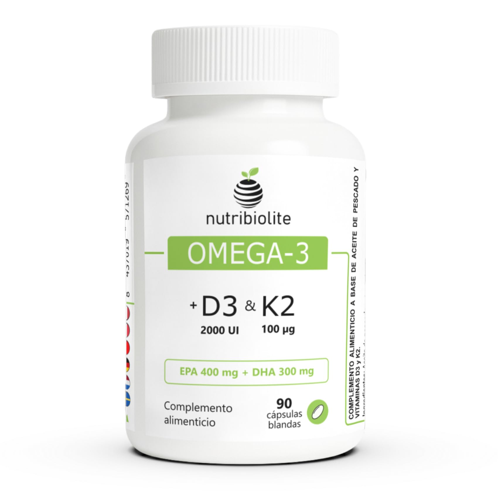 Omega 3 D3 K2 - Huile de Poisson 1000 mg - 80% d’Oméga 3 en triglycérides TG (EPA 400 mg + DHA 300 mg) + Vitamine D3 2000 UI et K2 MK-7 All-Trans 100 mcg - 90 capsules molles - 3 mois | Nutribiolite