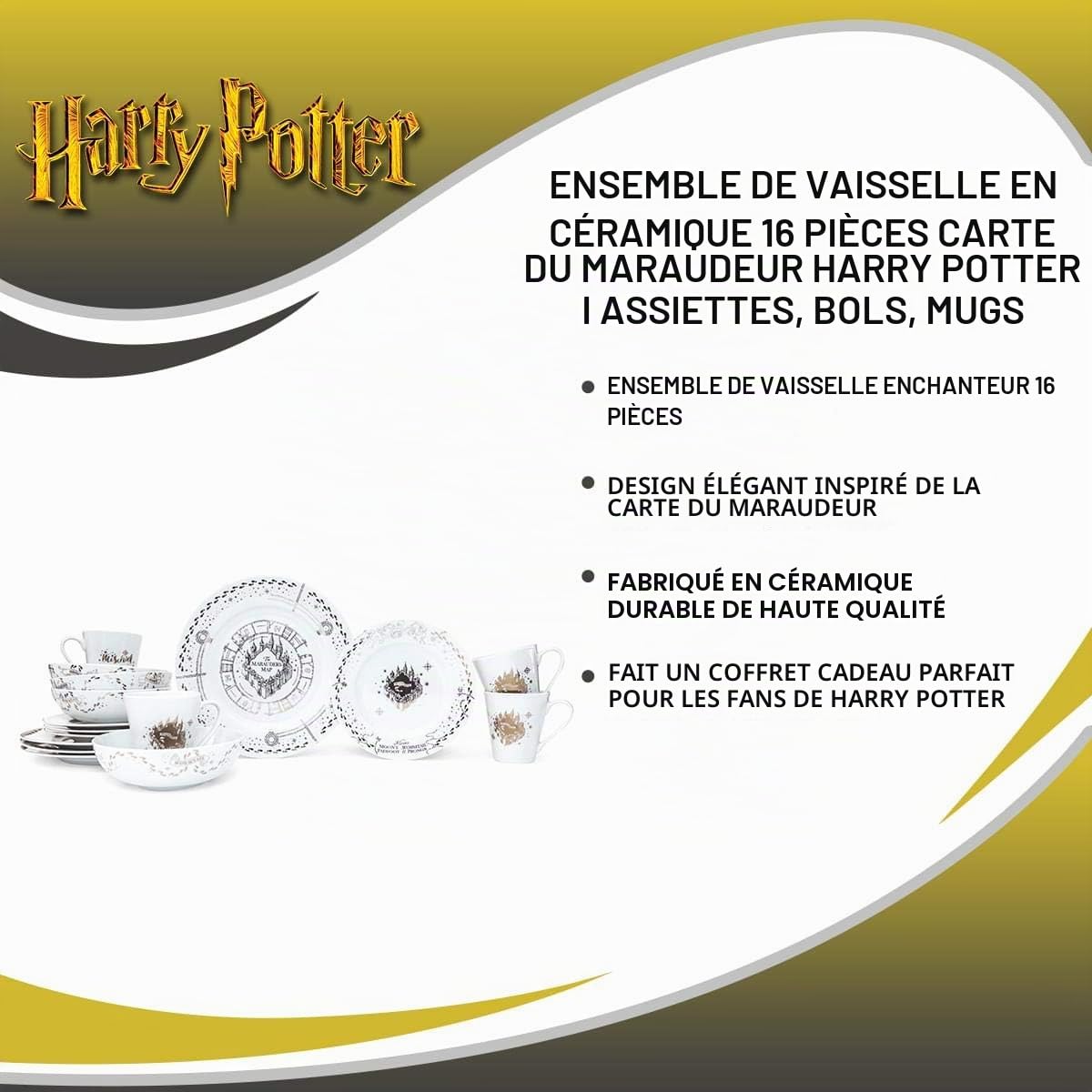 Service de table 16 pièces en céramique Harry Potter sur le thème de Poudlard avec assiettes, assiettes à salade, bols, tasses | Service de table pour 4 personnes