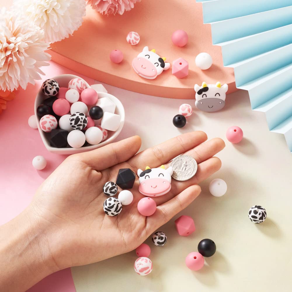 Cheriswelry 100Pcs Cow Print Silicone Beads Pink White Cow Animal Beads for Keychain Necklace Bracelet Making DIY Crafts - Image 4