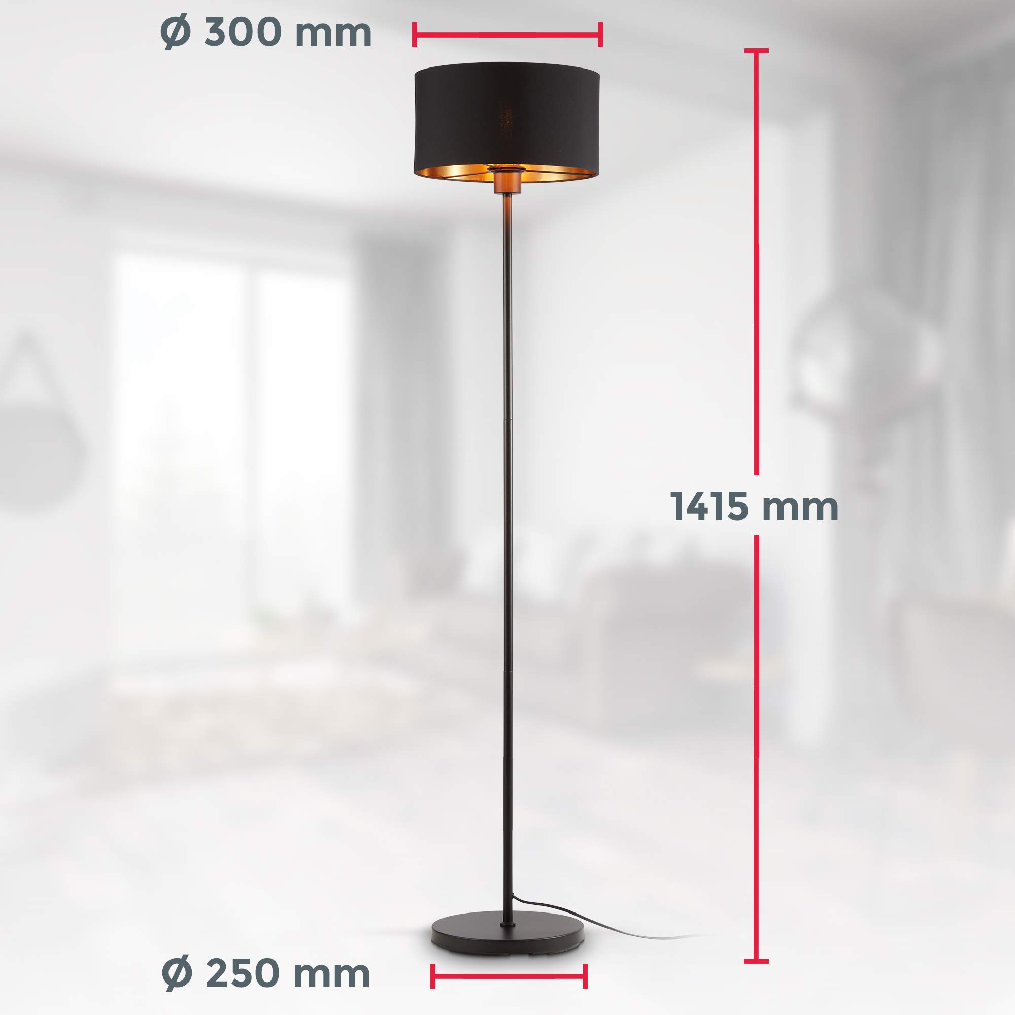 B.K.Licht - Lampada da terra vintage con interruttore a pedale, paralume in tessuto, attacco E27, max. 40 watt, piantana lampada da terra, lampada da terra salotto, 30 x 141,5 cm, nero-oro