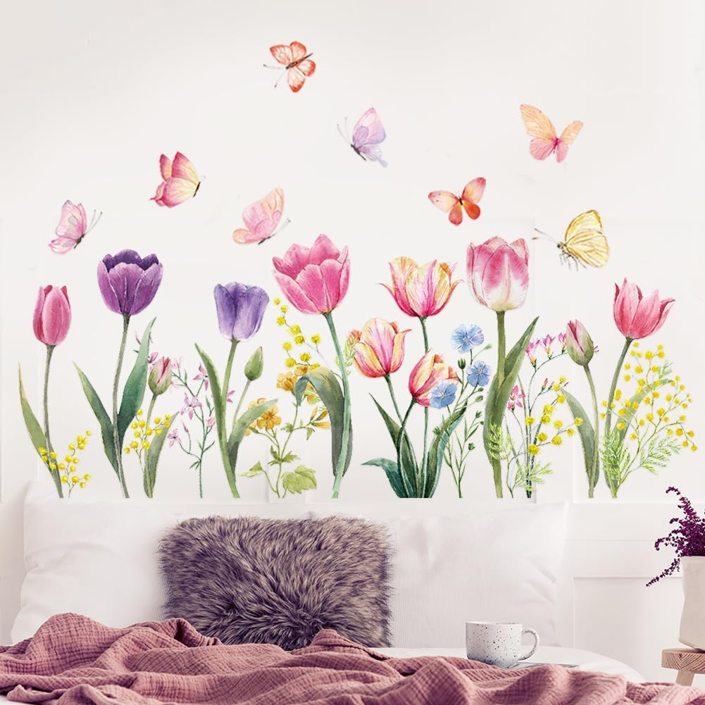 Tulip Flowers Wall Decals Watercolor Floral Butterfly Wall Stickers Colorful Flowers Wall Mural Removable Flower Peel and Stick Wall Art for Girls Bedroom Kids Nursery
