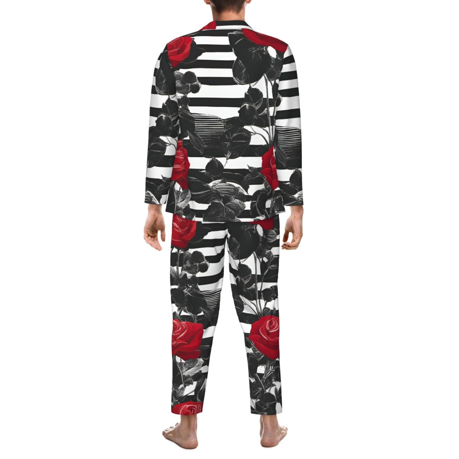Nero Strisce Bianche Rosse Fiori Stampa Uomini Manica Lunga Pigiama Set Due Pezzi Home Wear Confortevole Indumenti Da Notte