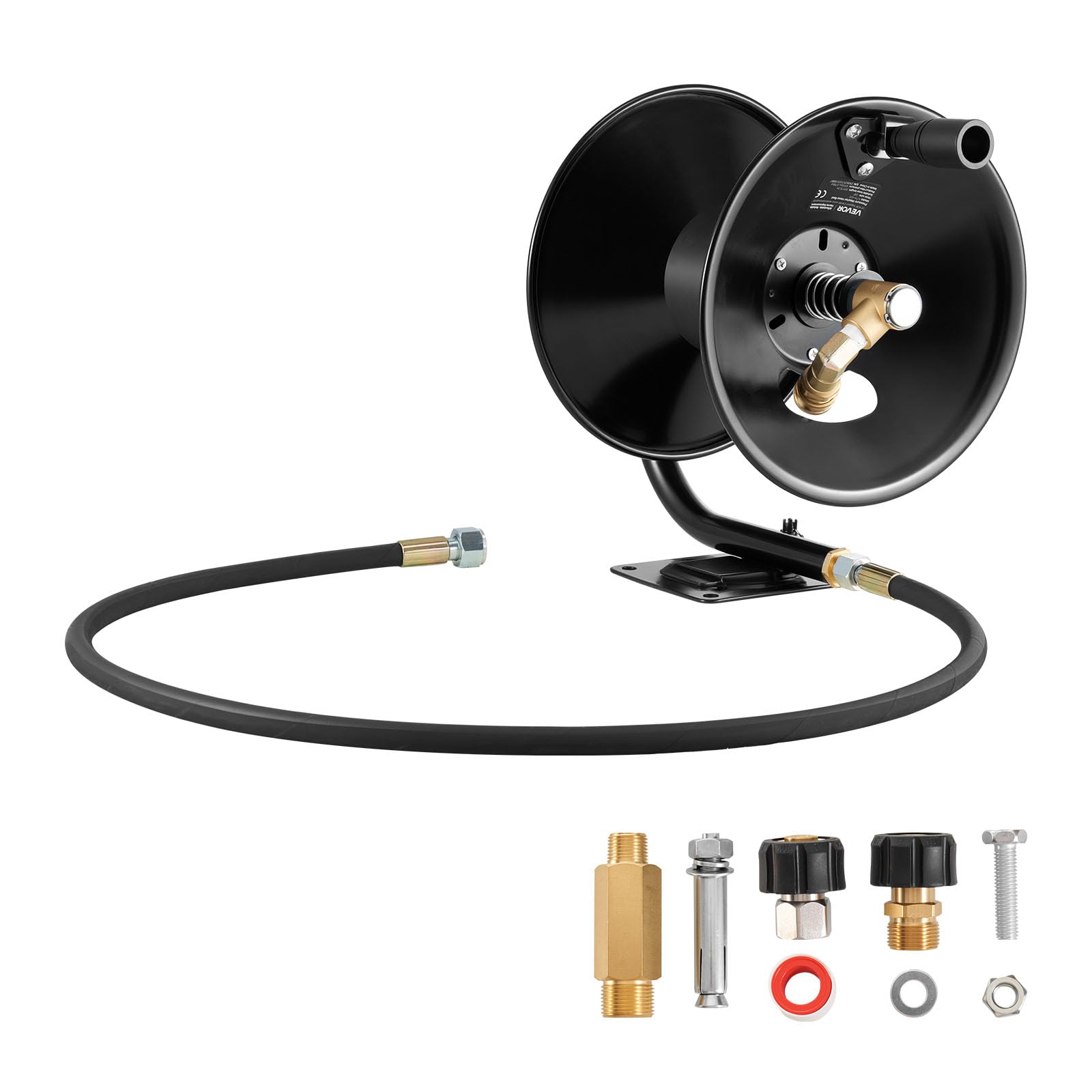 VEVOR Enrouleur de Tuyau pour Nettoyeur Haute Pression 15,2 m x 9,5 mm, Dévidoir Acier Montage sur Support, Mur, Sol, Pression Maximale 275,8 bar, Manivelle Manuelle pour Lavage Voiture, Sol, Jardin