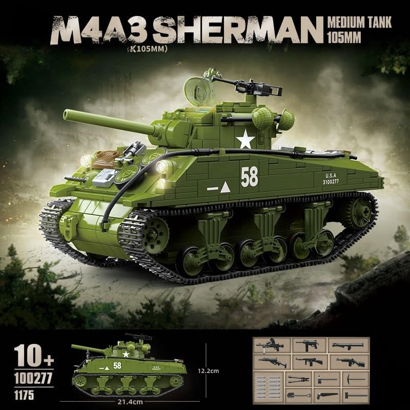 Generic WW2 Military Classic Model World War II M4A3 SHERMAN Medium Tank Building Blocks Toys Bricks for Boys (1175Pcs) Ages 15 and Up (100277)- without Original Box