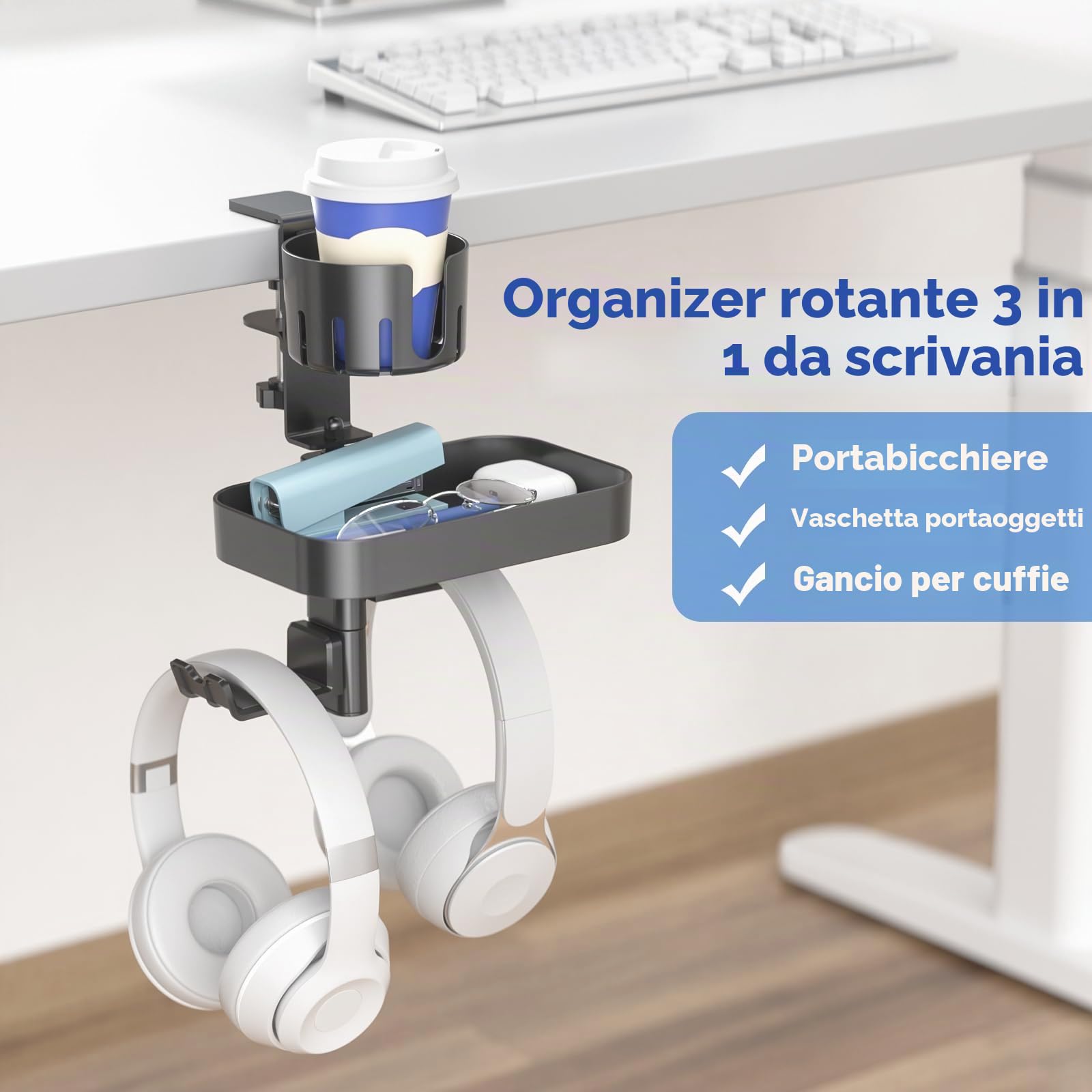 KDD Portabicchieri da Scrivania con 2 Gancio Cuffie e Cassetto sotto Scrivania, Resistente Porta Tazze da Tavolo con Morsetto a C di base di Supporto per Ufficio Scuola sala Giochi Accessori