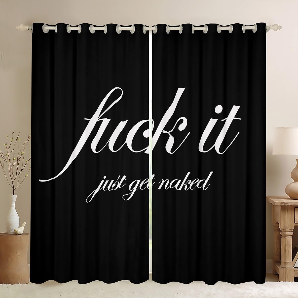 Funny Quotes Curtains Get Naked Window Drapes for Couple Lover Men Women Romantic Window Curtains for Bedroom Living Room Decor Black White Creative Words Window Treatments， 52x84 Inches，2 Panels