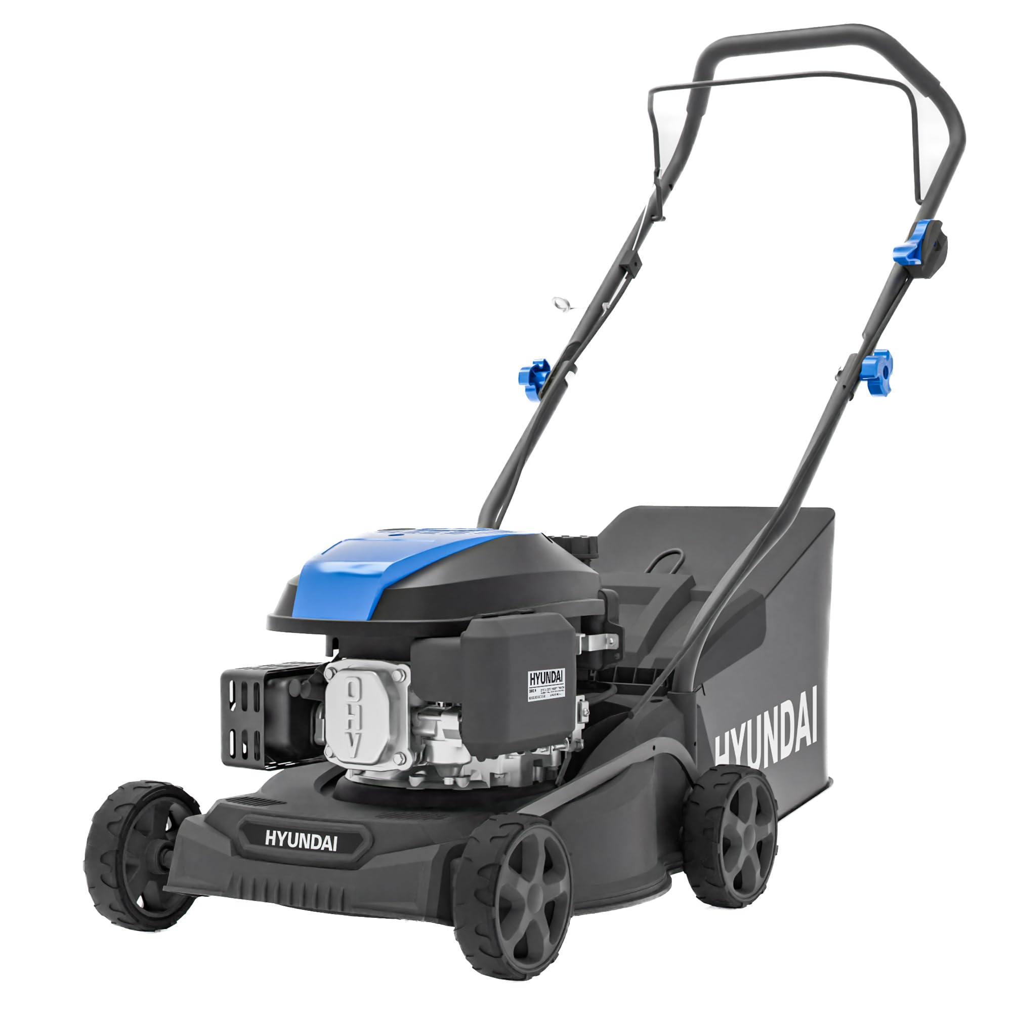 Hyundai Cortacésped de Gasolina, 16 Pulgadas de Ancho de Corte de 39 cm, Motor de 131 CC, Bolsa de Recogida de 35 L y Descarga Trasera, Empuje Manual, edición Negra