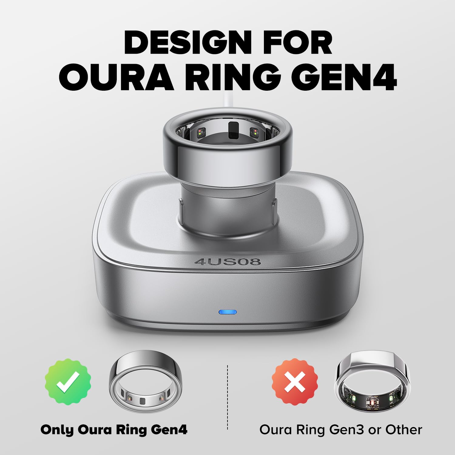 Ring Chager compatible avec Oura Ring4, charge rapide pour Oura Ring Gen 4 de taille 8, station de charge avec câble USB-C (argent clair)