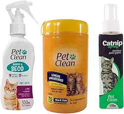 Kit Pet Clean para Gatos, Banho a Seco 300ml, Lenços Umedecidos com Aloe Vera 75un, Catnip Spray 120ml